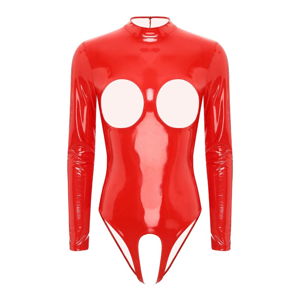 CutoutOpenChestPatentLeatherBodysuitred1