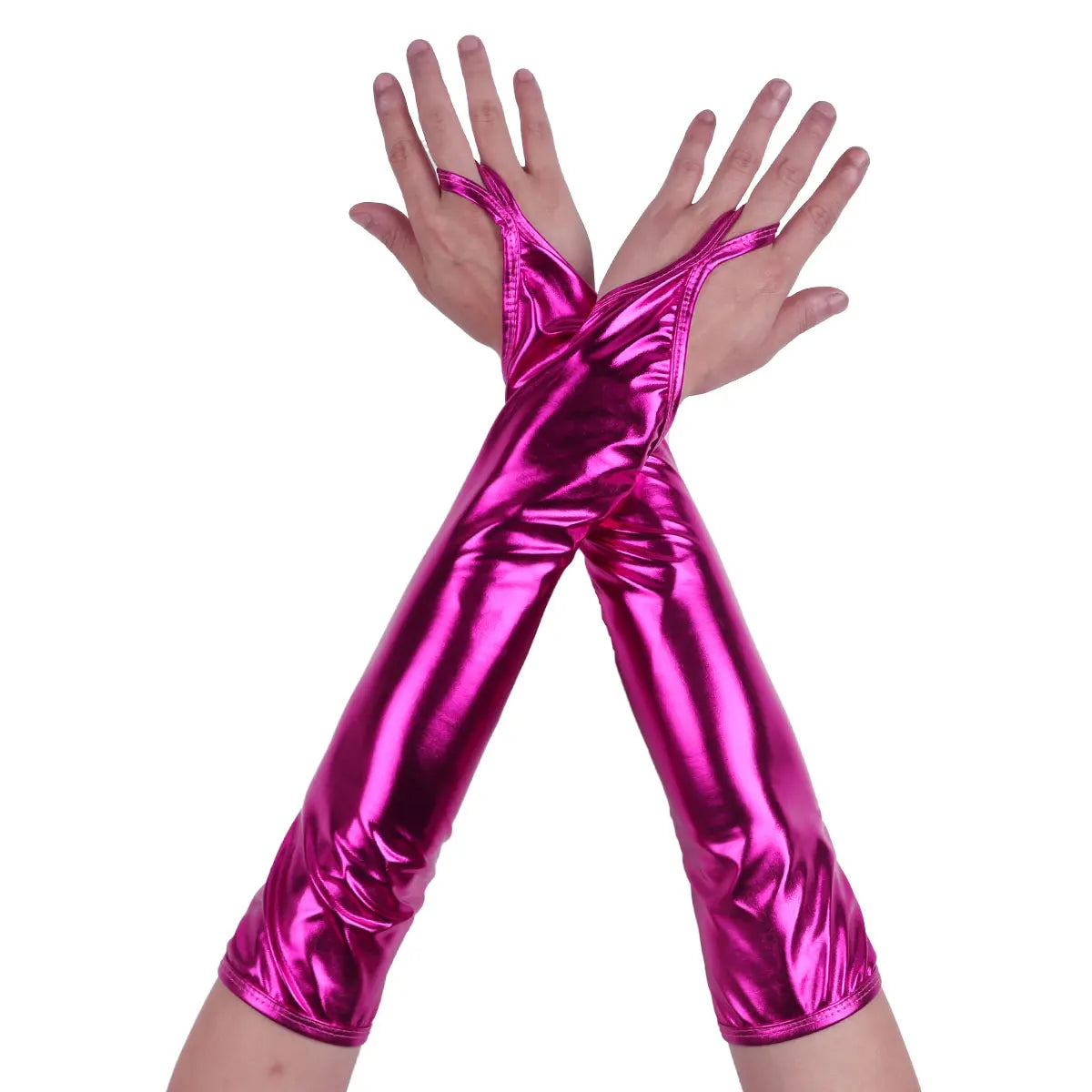 Shiny Fingerless Metallic Elbow Gloves