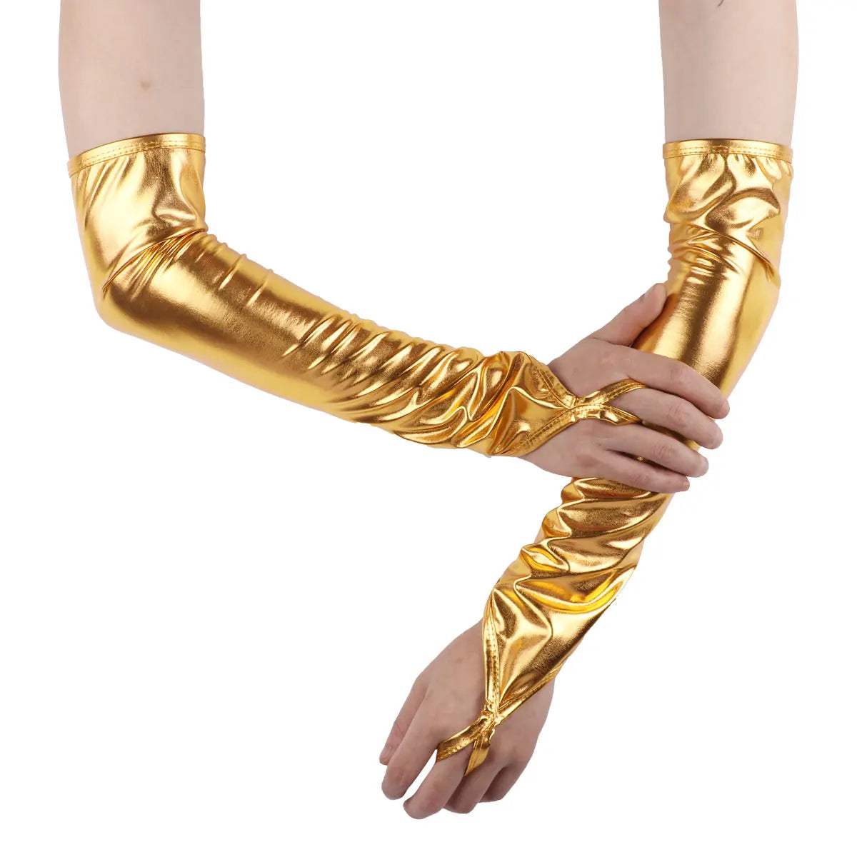 Shiny Fingerless Metallic Elbow Gloves