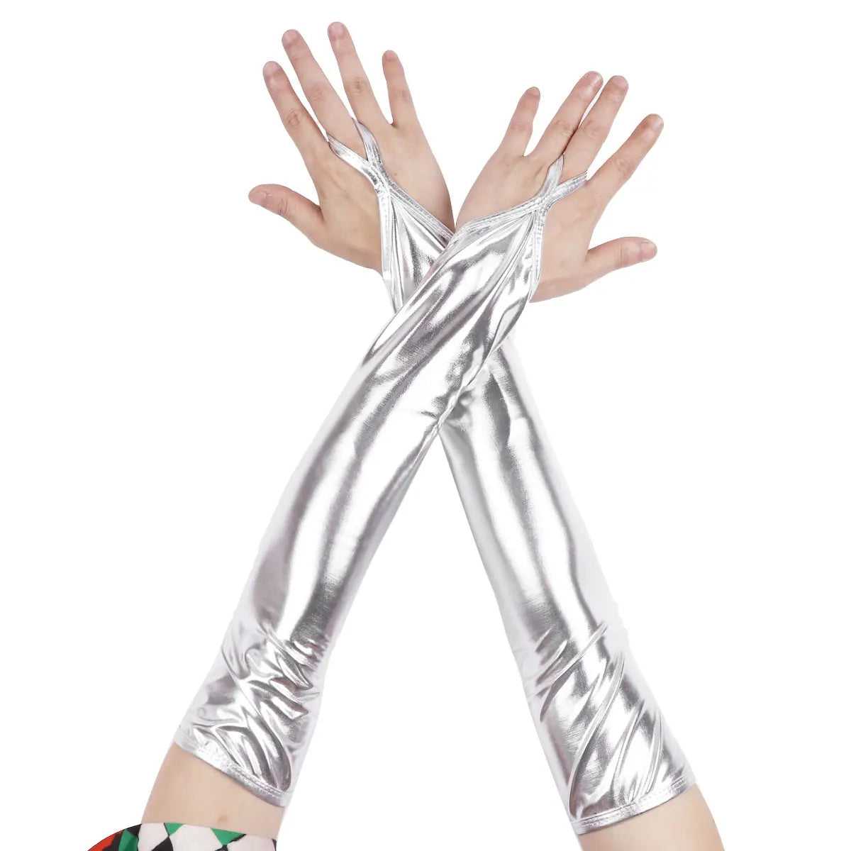 Shiny Fingerless Metallic Elbow Gloves