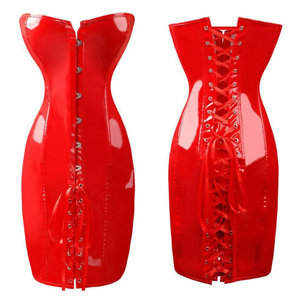 HotPVCLeatherCorsetDressred