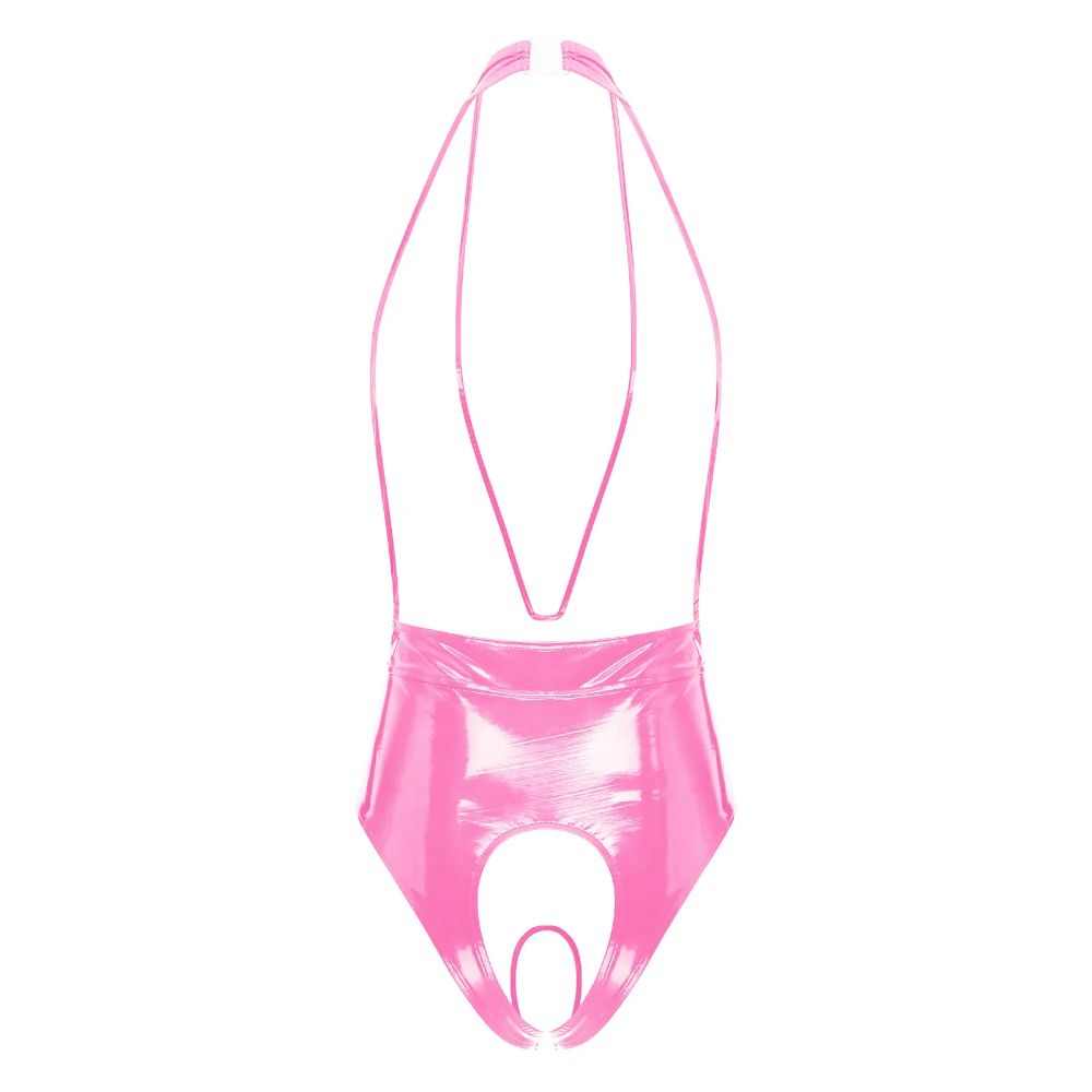 PatentLeatherCrotchlessHalterBodysuitPink2