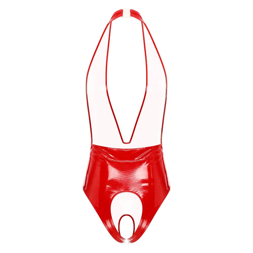 PatentLeatherCrotchlessHalterBodysuitred4