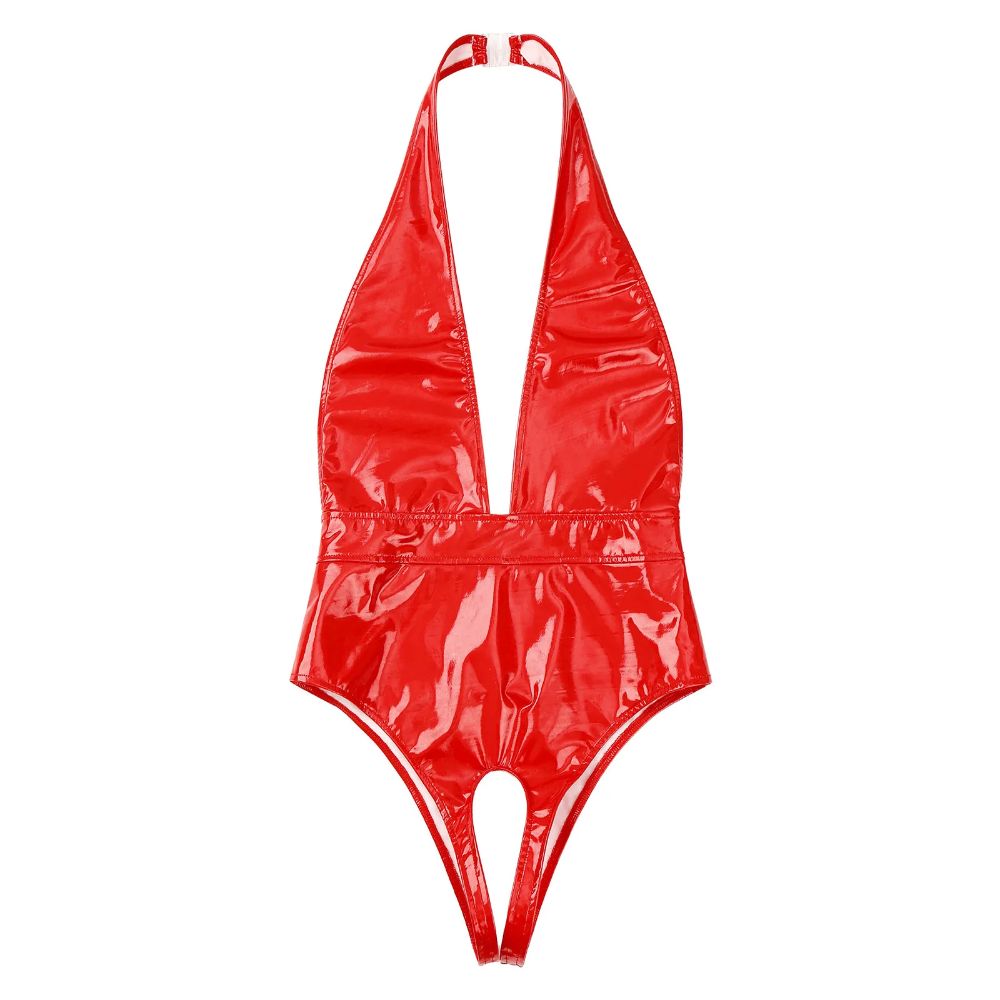 PatentLeatherCrotchlessHalterBodysuitred5