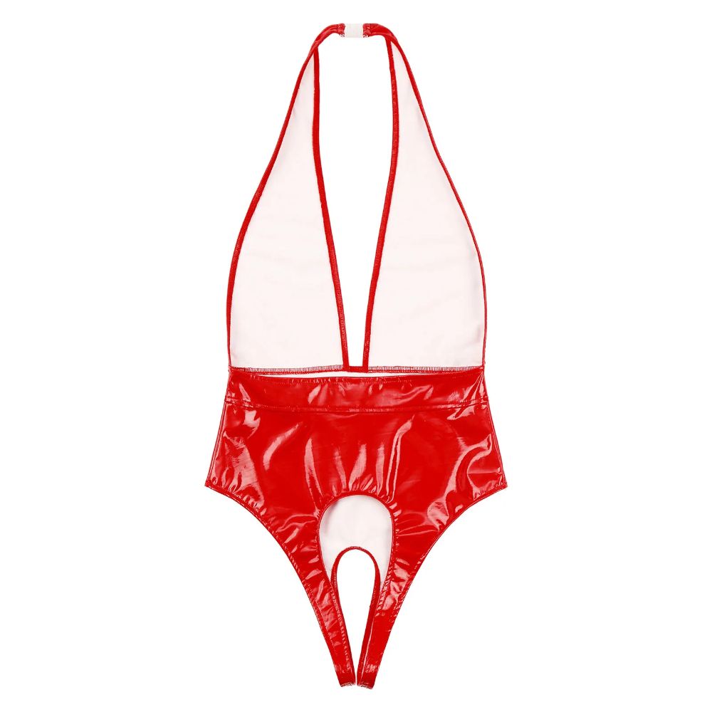 PatentLeatherCrotchlessHalterBodysuitred6