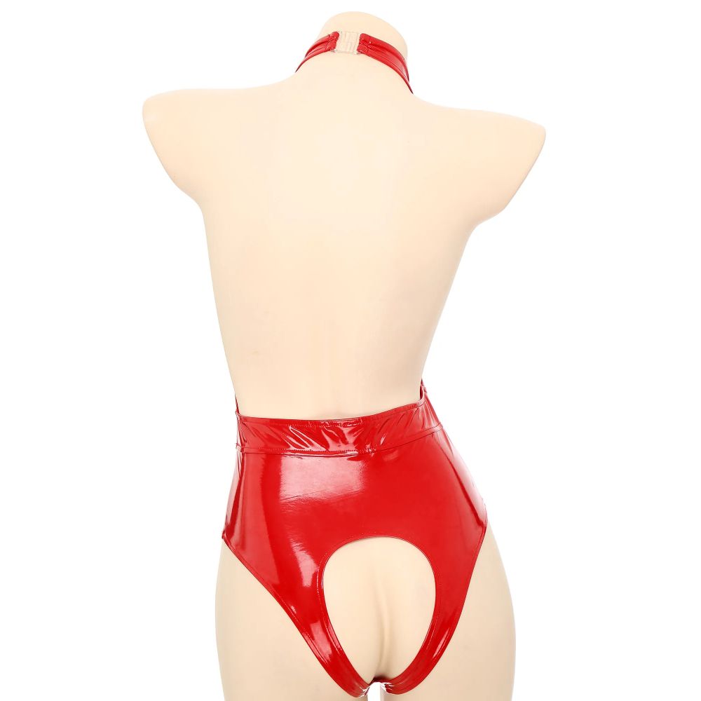 PatentLeatherCrotchlessHalterBodysuitredback