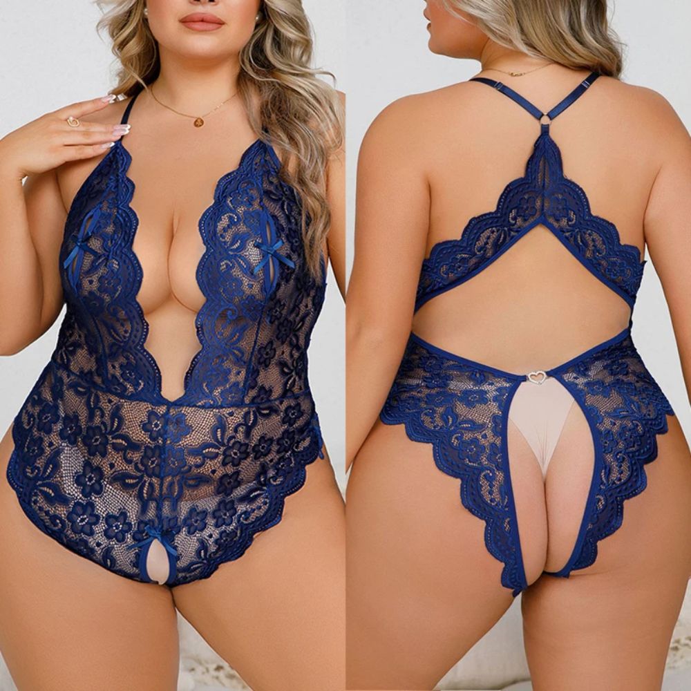 PlusSizeLaceHollowBodysuitBlue_4