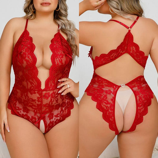 PlusSizeLaceHollowBodysuitRed_5