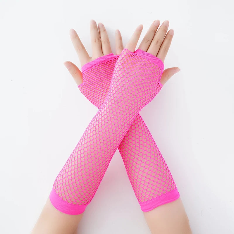 Neon Fishnet Fingerless Long Gloves