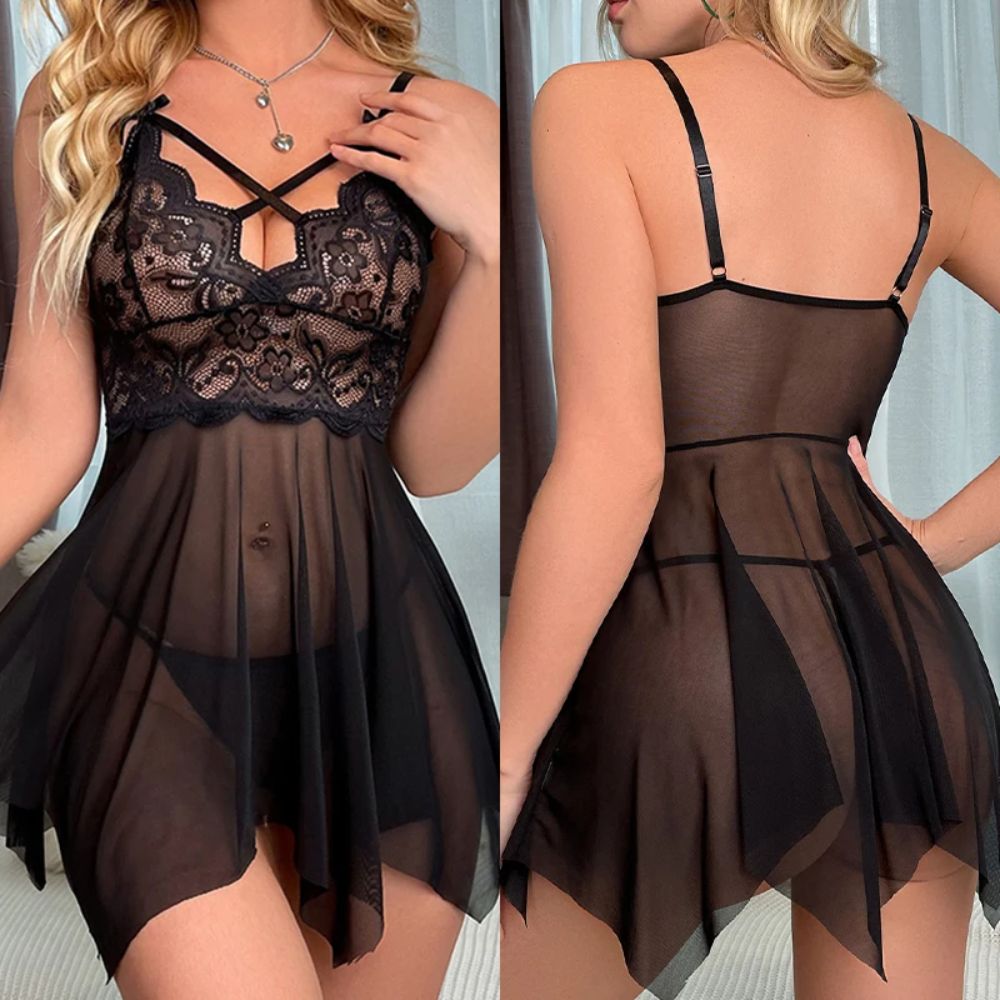 SensualLacePajamasNightwearLingerieBlack_1