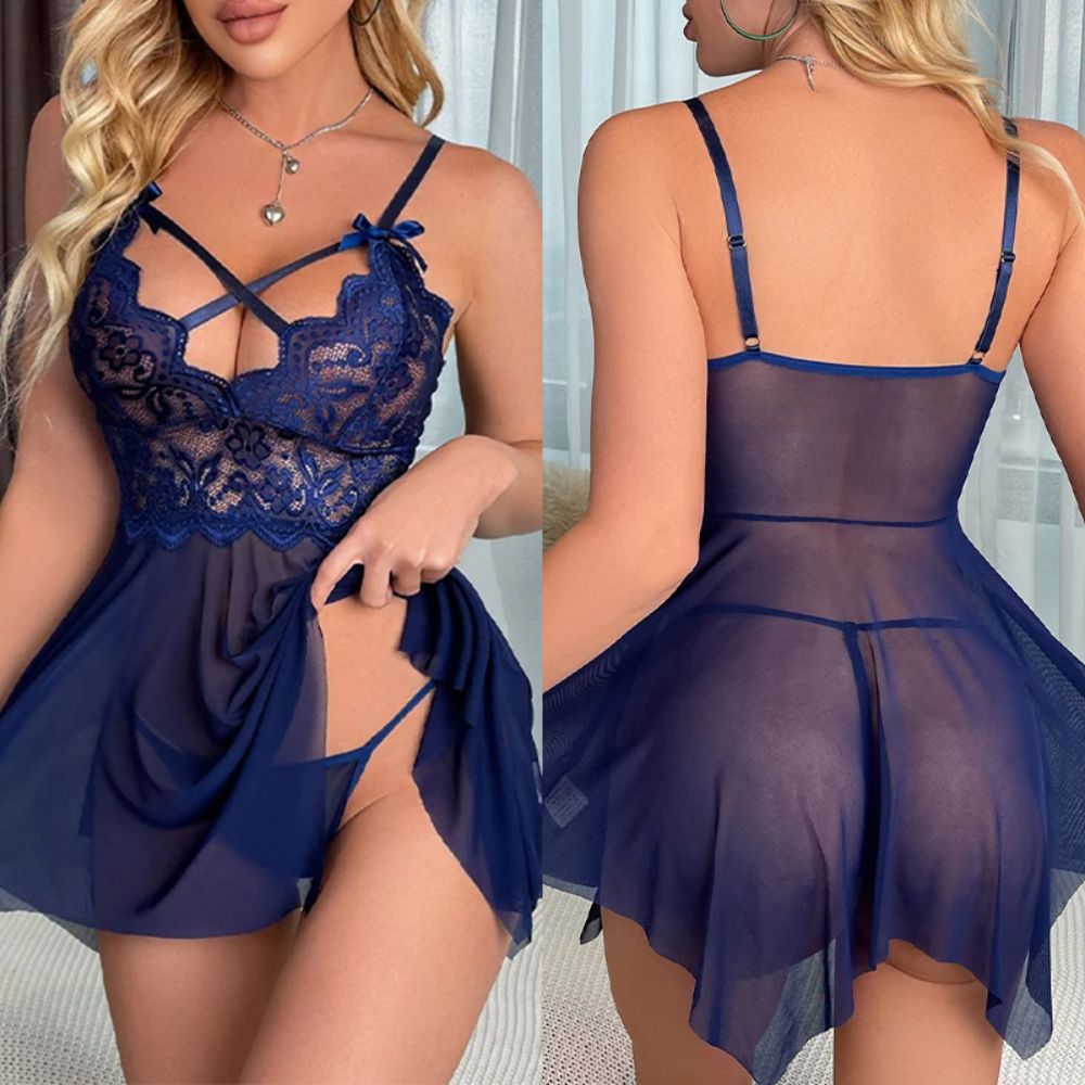 SensualLacePajamasNightwearLingerieBlue_1