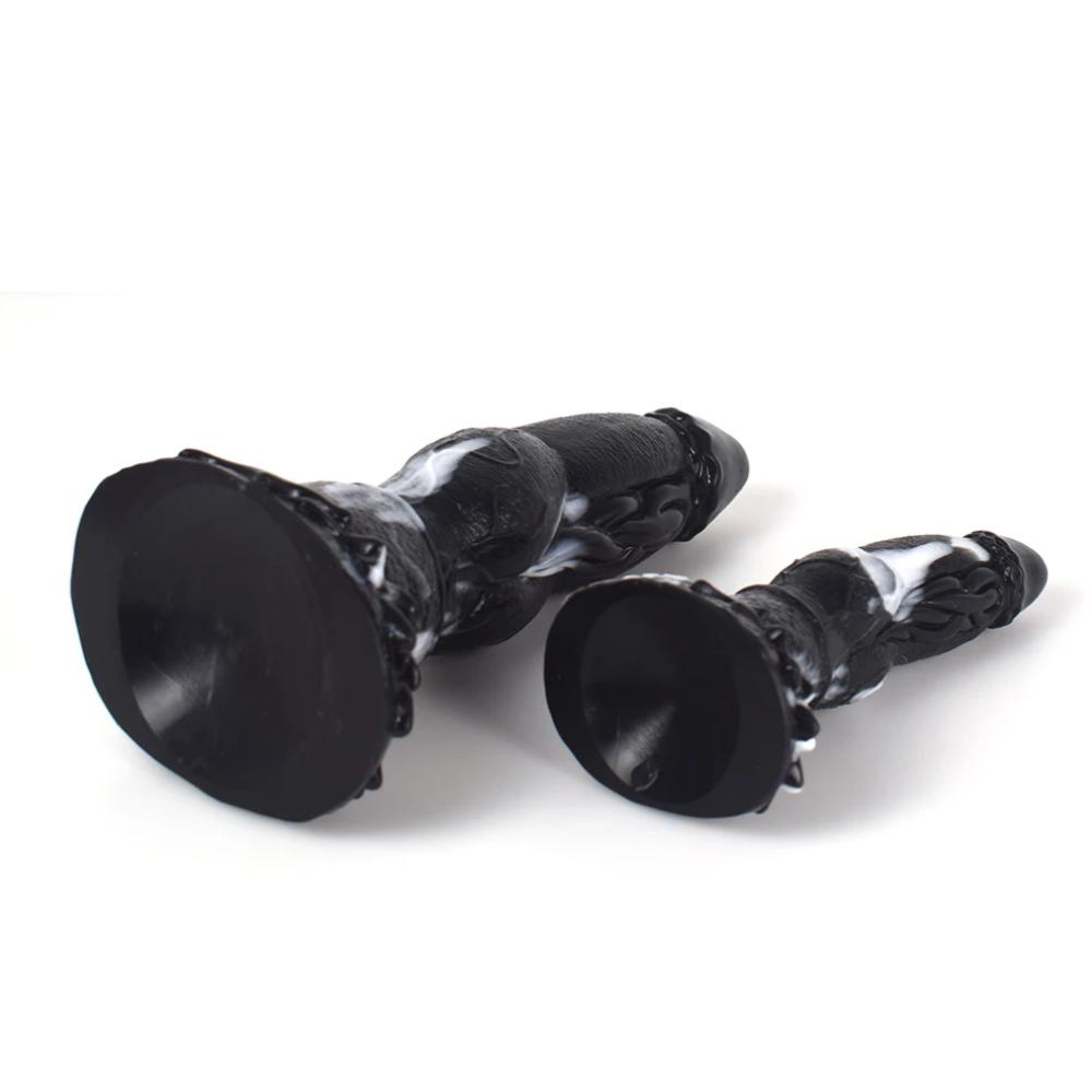 silicone-silicone-muscle-texture-dildo-black-M-and-S-lying-down-suction-cups